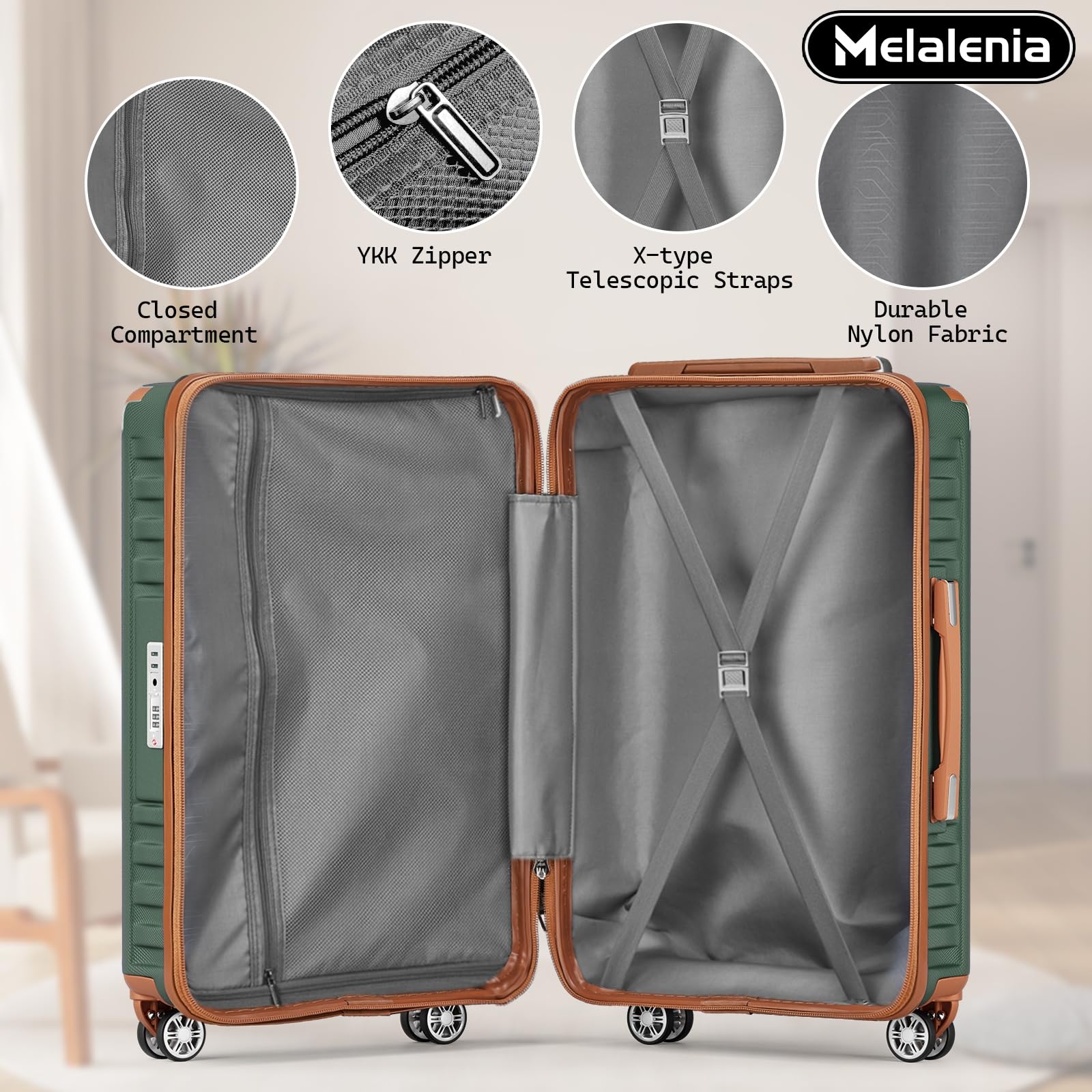 Melalenia Luggage Sets 4 Piece Hard Shell Carry on Suitcase with Spinner Wheels and TSA Lock, Lightweight Travel Duffel Bag for Women, Men, Green Brown