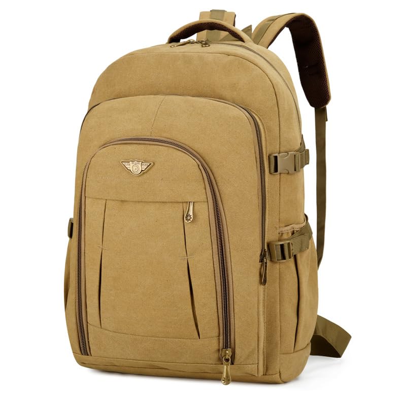 Men's Canvas Travel Backpack, Large 50L Hiking Daypack with Multiple Compartments, Heavy Duty Rucksack, Brown(50L)