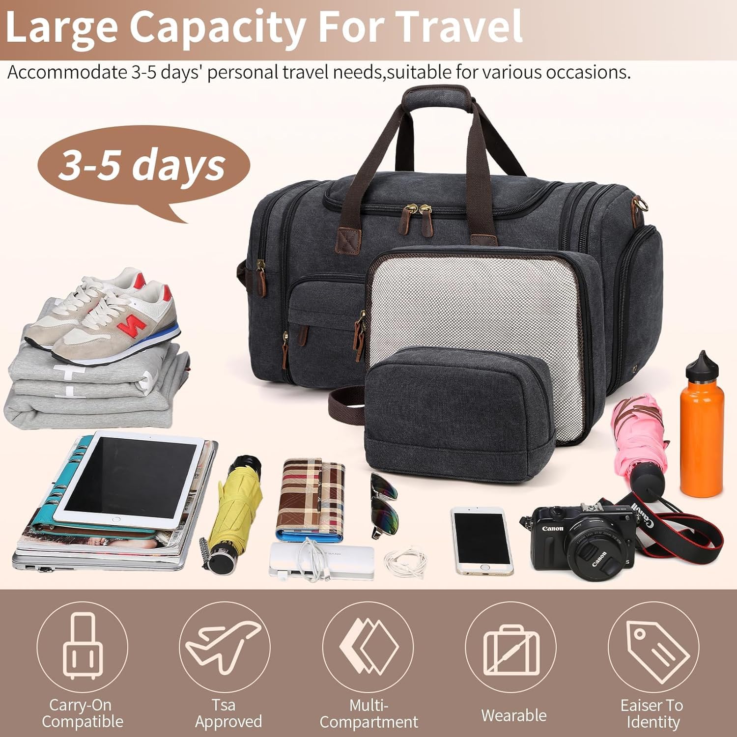 Mens Duffle Bag for Travel 60L Expandable Canvas Weekender Overnight Travel Duffel Bag with Shoe Compartment Carry - On for Airplanes Dark Gray
