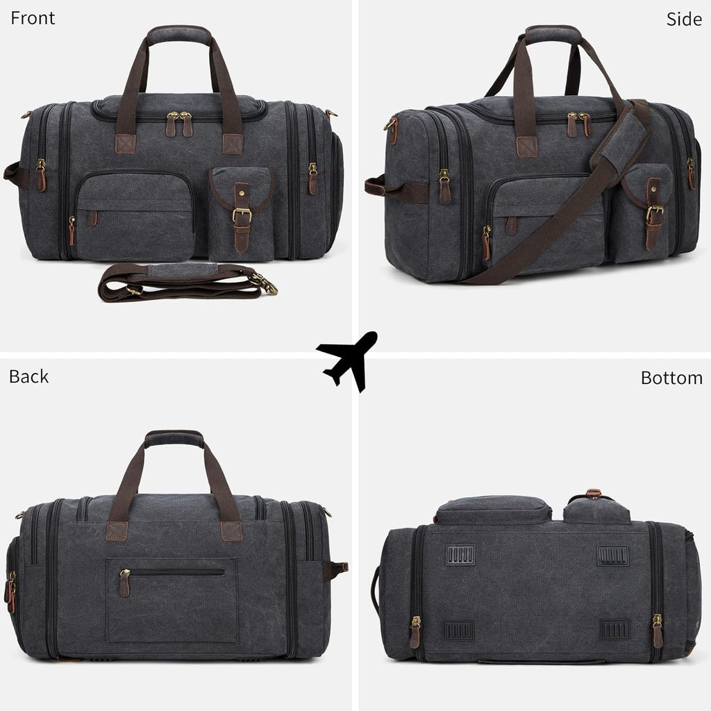 Mens Duffle Bag for Travel 60L Expandable Canvas Weekender Overnight Travel Duffel Bag with Shoe Compartment Carry - On for Airplanes Dark Gray