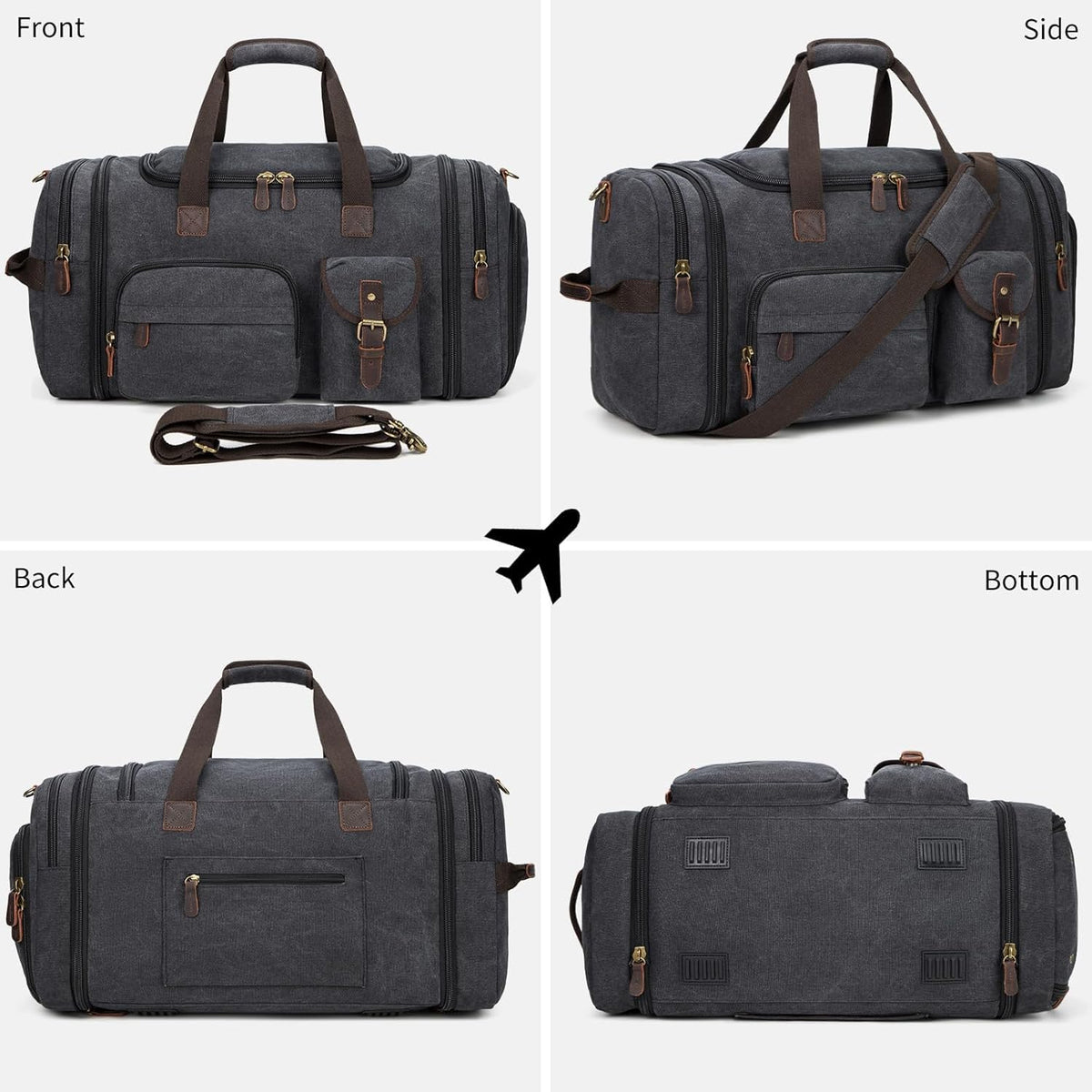 Mens Duffle Bag for Travel 60L Expandable Canvas Weekender Overnight Travel Duffel Bag with Shoe Compartment Carry - On for Airplanes Dark Gray