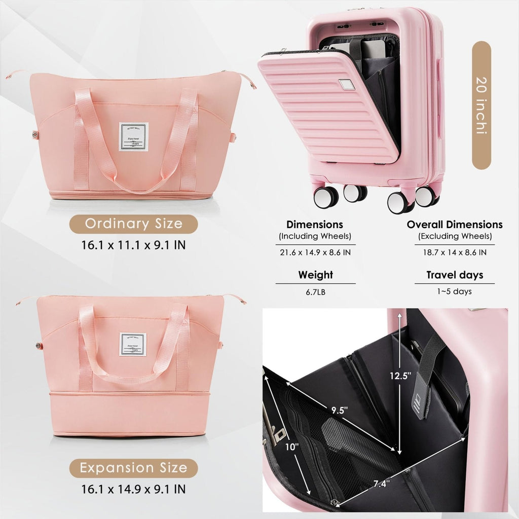 Merax 2 Piece Luggage Set Spinner Hardshell Lightweight TSA Lock and USB Port, Cup Holder, 20 inch Carry On Luggage with Front Opening Design and Expandable Travel Bag, Pink