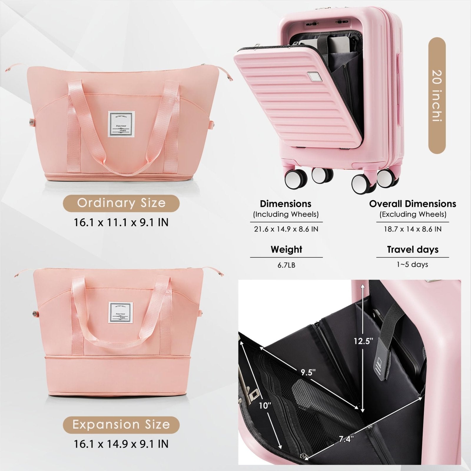 Merax 2 Piece Luggage Set Spinner Hardshell Lightweight TSA Lock and USB Port, Cup Holder, 20 inch Carry On Luggage with Front Opening Design and Expandable Travel Bag, Pink