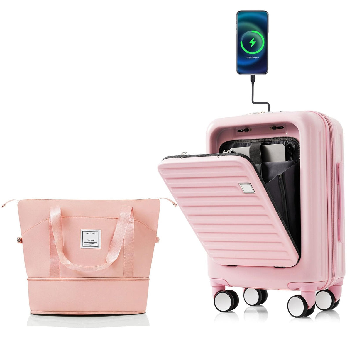 Merax 2 Piece Luggage Set Spinner Hardshell Lightweight TSA Lock and USB Port, Cup Holder, 20 inch Carry On Luggage with Front Opening Design and Expandable Travel Bag, Pink