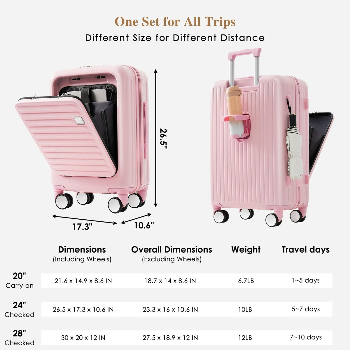Merax 2 Piece Luggage Set Spinner Hardshell Lightweight TSA Lock and USB Port, Cup Holder, 20 inch Carry On Luggage with Front Opening Design and Expandable Travel Bag, Pink