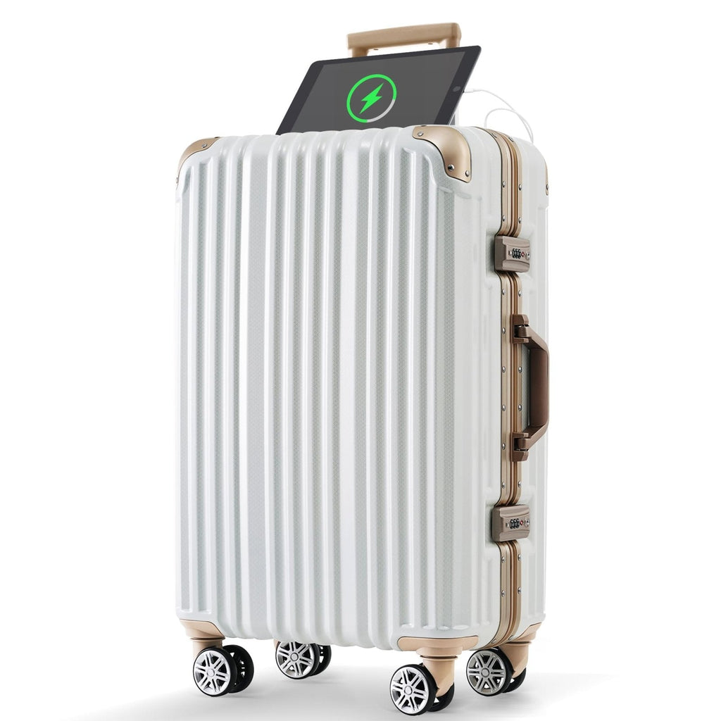 Merax 20 Inch Aluminum Luggage with USB port, Vacation Carry-On Suitcase with Spinner Wheels and TSA Lock, moonlight