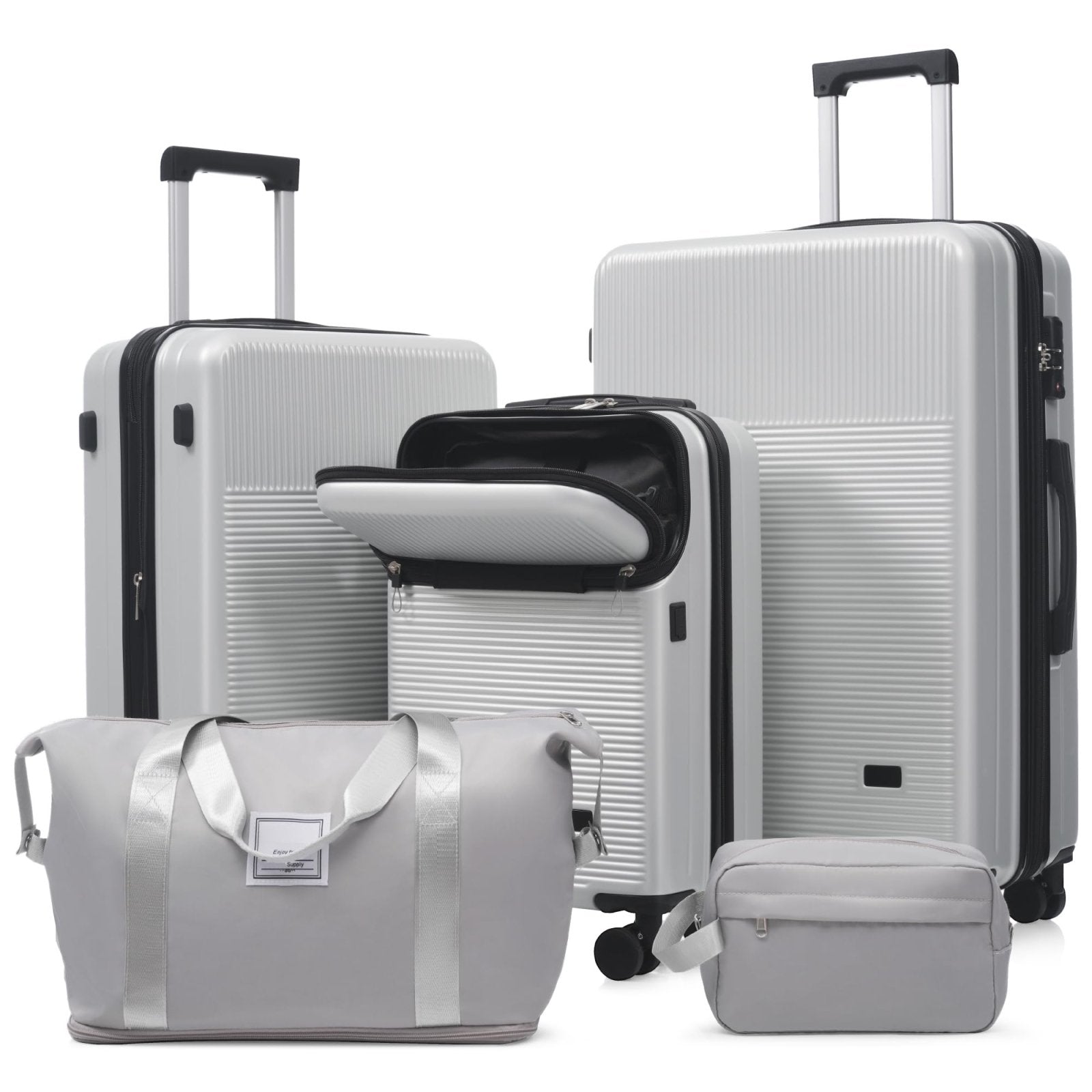 Merax 20in Carry On Luggage with Front Opening and USB Port, ABS Hard Case Luggage with 360° Spinner Wheel and Handbag, 20% Expandable Capacity, Perfect for Men and Women 5 Piece Set Sliver
