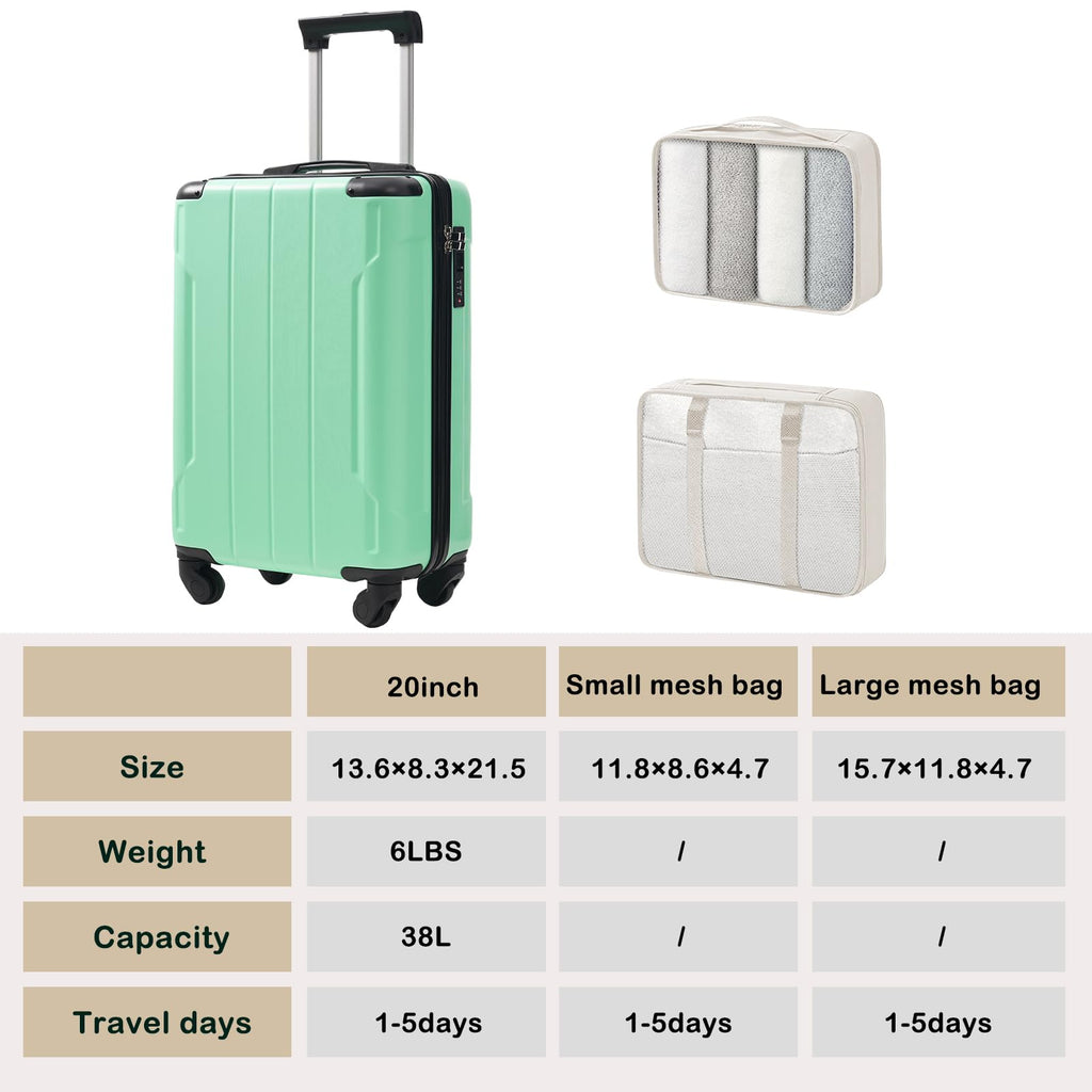 Merax 20Inch Carry on Luggage Set, Hardshell ABS Suitcase with Spinner Wheels, Built - in TSA Lock & 2 Packing Cubes, Airline Approved for Business Getaways Weekend Travel