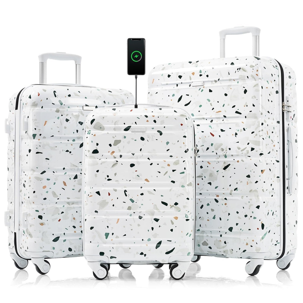 Merax 3 Piece Luggage Set ABS PC Hardshell Lightweight Suitcase Sets Spinner Wheels Suitcase with TSA Lock, 20 inch Airline Certified Carry on Luggage with USB Port, 20" 24" 28", White