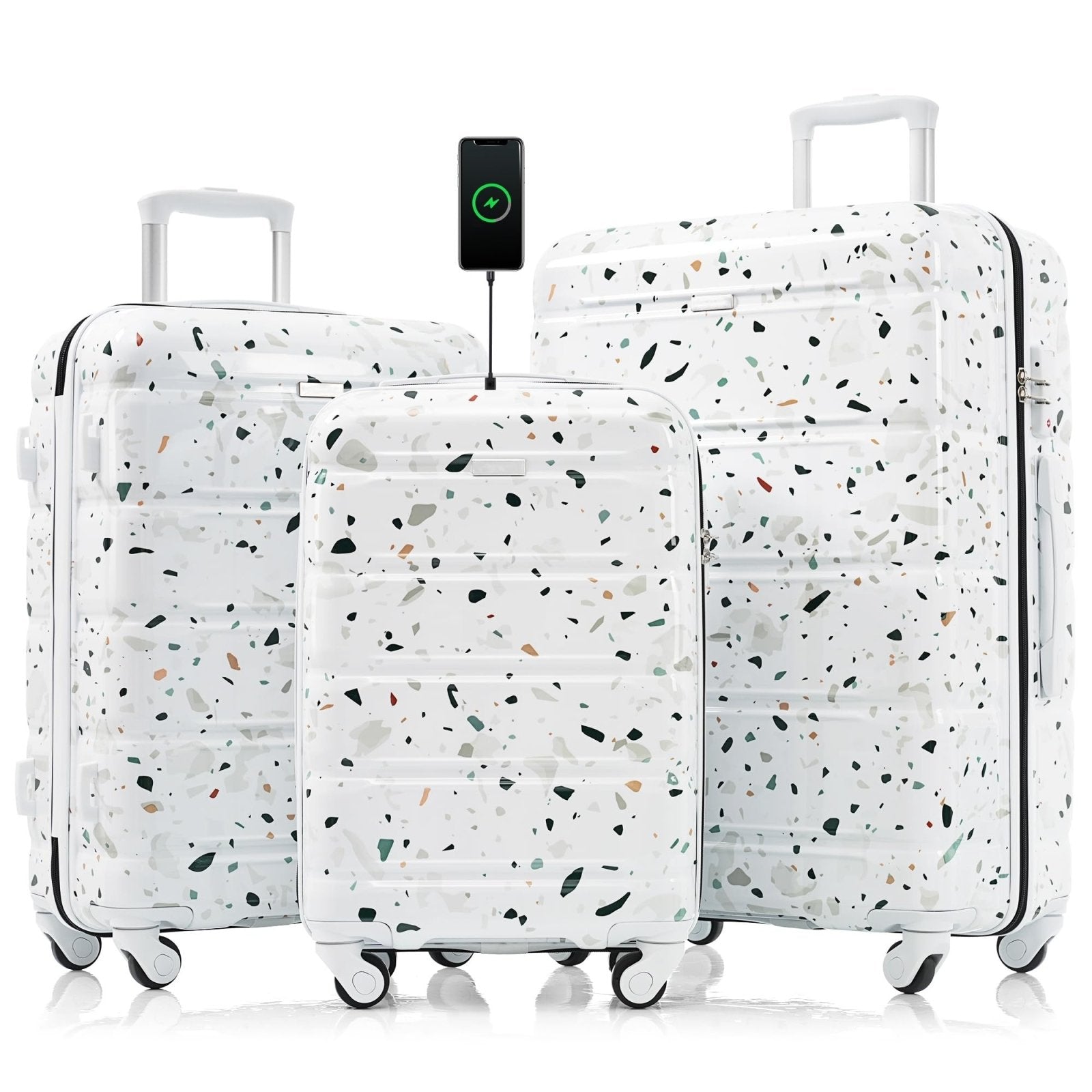 Merax 3 Piece Luggage Set ABS PC Hardshell Lightweight Suitcase Sets Spinner Wheels Suitcase with TSA Lock, 20 inch Airline Certified Carry on Luggage with USB Port, 20" 24" 28", White