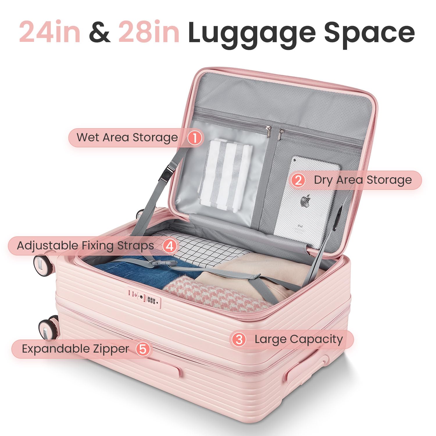 Merax 3 Piece Luggage Set, Expandable Carry On Luggage with TSA Lock Airline Approved, PC Hard Shell and Lightweight Suitcase with Front Pocket and Spinner Wheels, 20”24”28”, Pink
