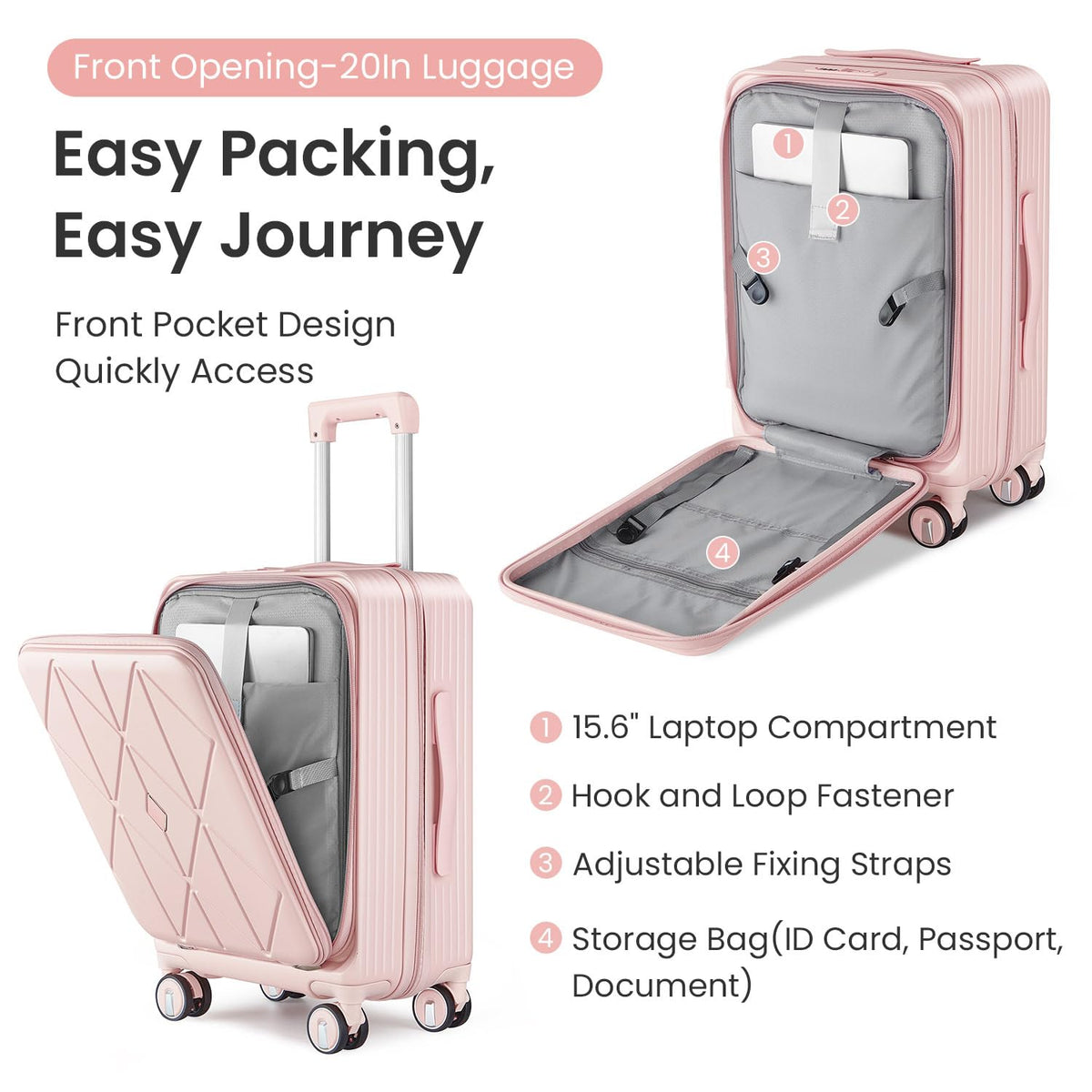 Merax 3 Piece Luggage Set, Expandable Carry On Luggage with TSA Lock Airline Approved, PC Hard Shell and Lightweight Suitcase with Front Pocket and Spinner Wheels, 20”24”28”, Pink