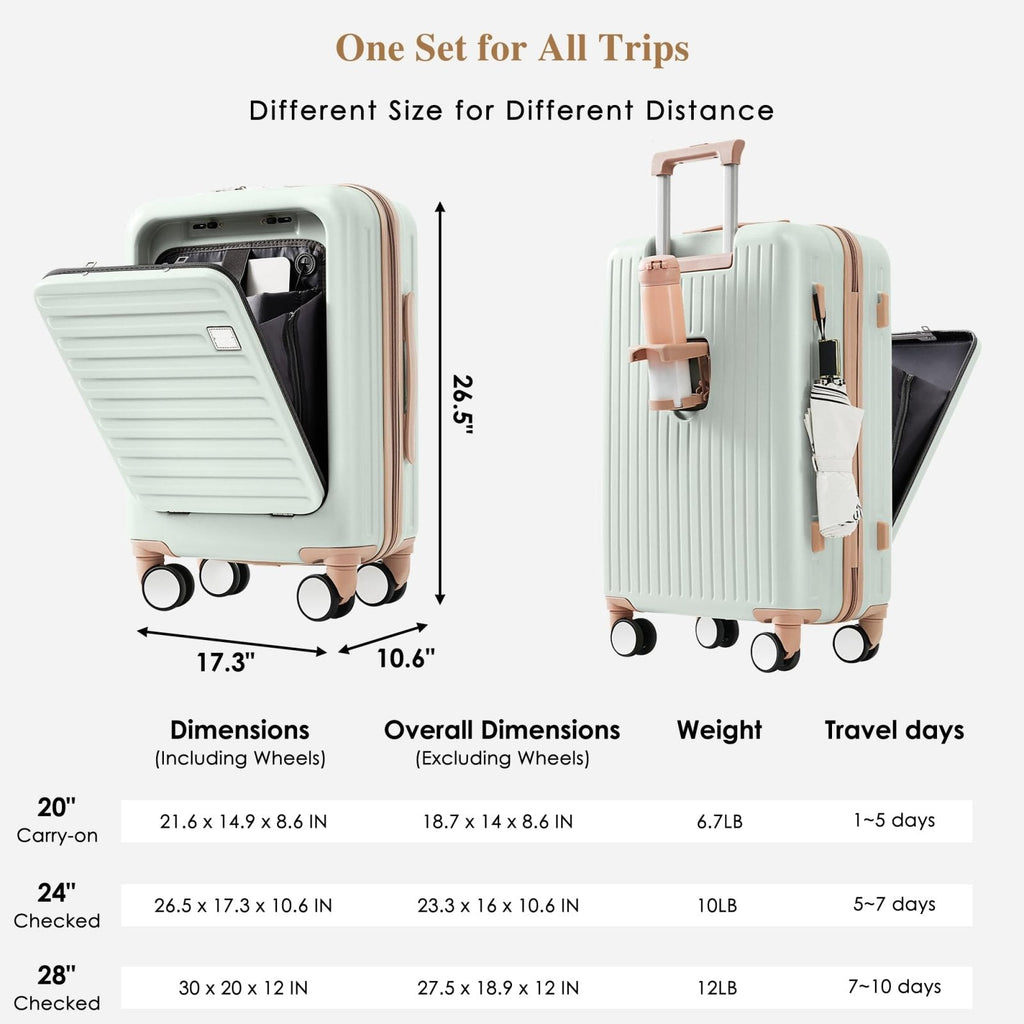 Merax 3 Piece Luggage Set Spinner Hardshell Lightweight TSA Lock and USB Port, Cup Holder, 20inch or 24inch with Front Opening Design, Light Green