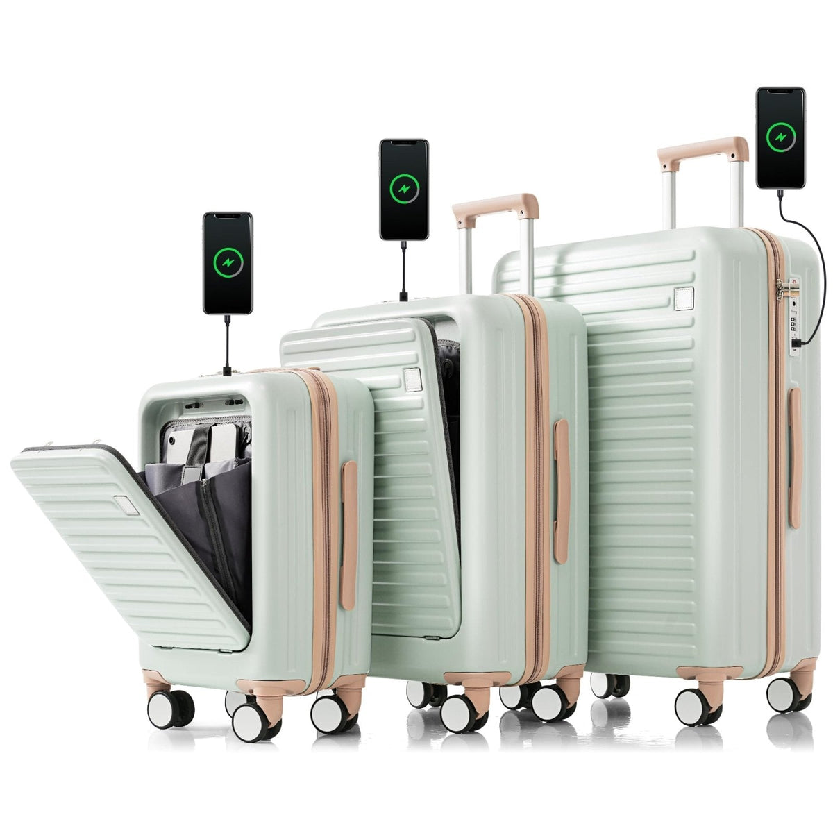 Merax 3 Piece Luggage Set Spinner Hardshell Lightweight TSA Lock and USB Port, Cup Holder, 20inch or 24inch with Front Opening Design, Light Green