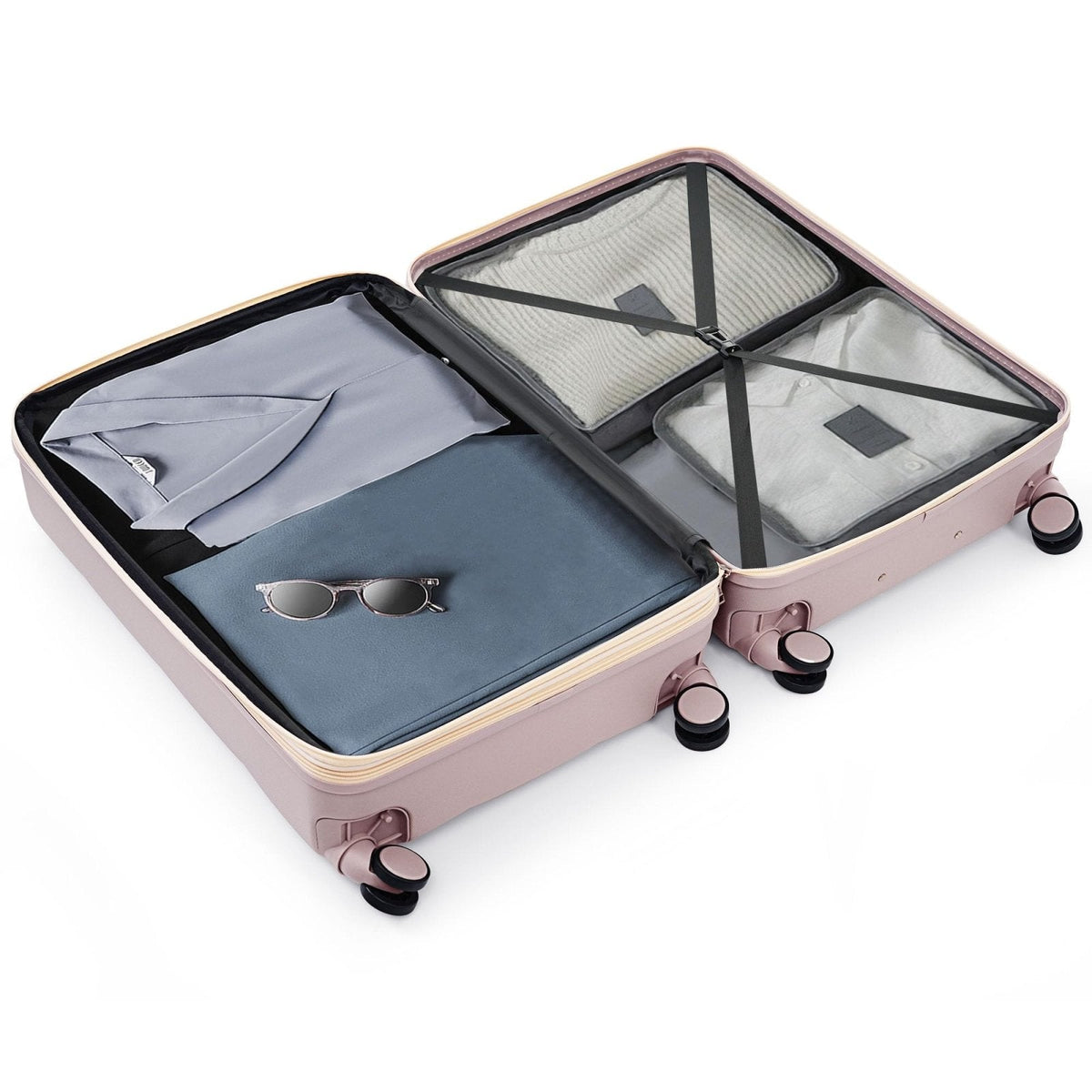 Merax 3 Piece Luggage Set with Cup Holder ABS Hardshell Lightweight Suitcase Sets Spinner Wheels Suitcase with TSA Lock, 20 Inch Airline Certified Carry - on Luggage, 20" 24" 28", Rosy Brown