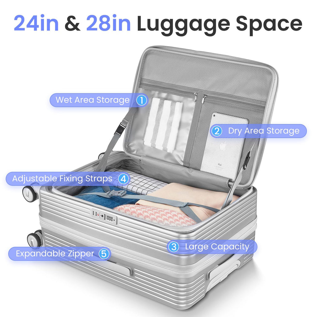Merax 3 Piece Luggage Sets, Expandable Carry On Luggage with TSA Lock Airline Approved, PC Hard Shell and Lightweight Suitcase with Front Pocket and Spinner Wheels, Silver