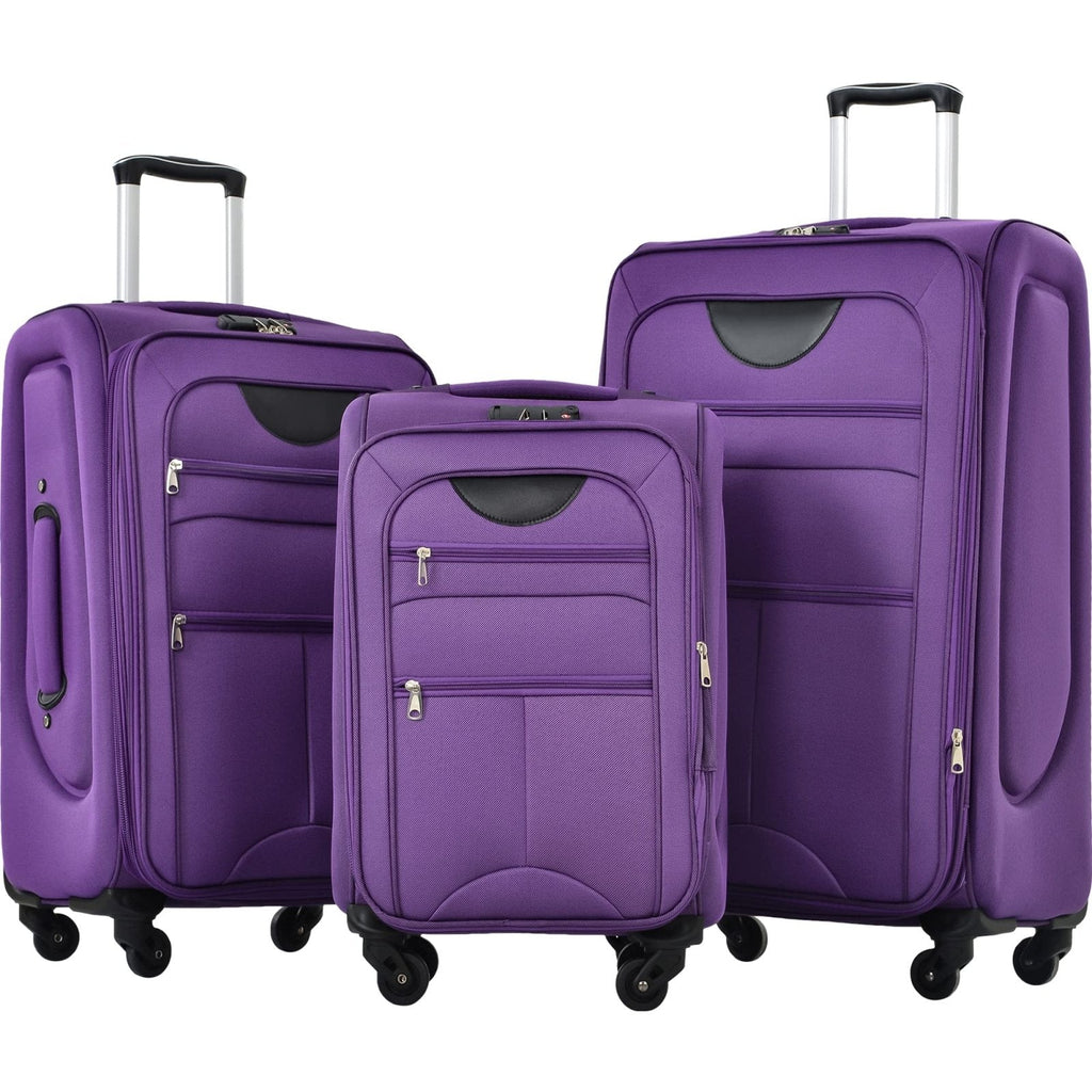 Merax 3 Piece Softside Luggage Set, Upright Spinner Softsehll Lightweight Suitcase Travel Set with Spinner Wheels and TSA Lock, Purple