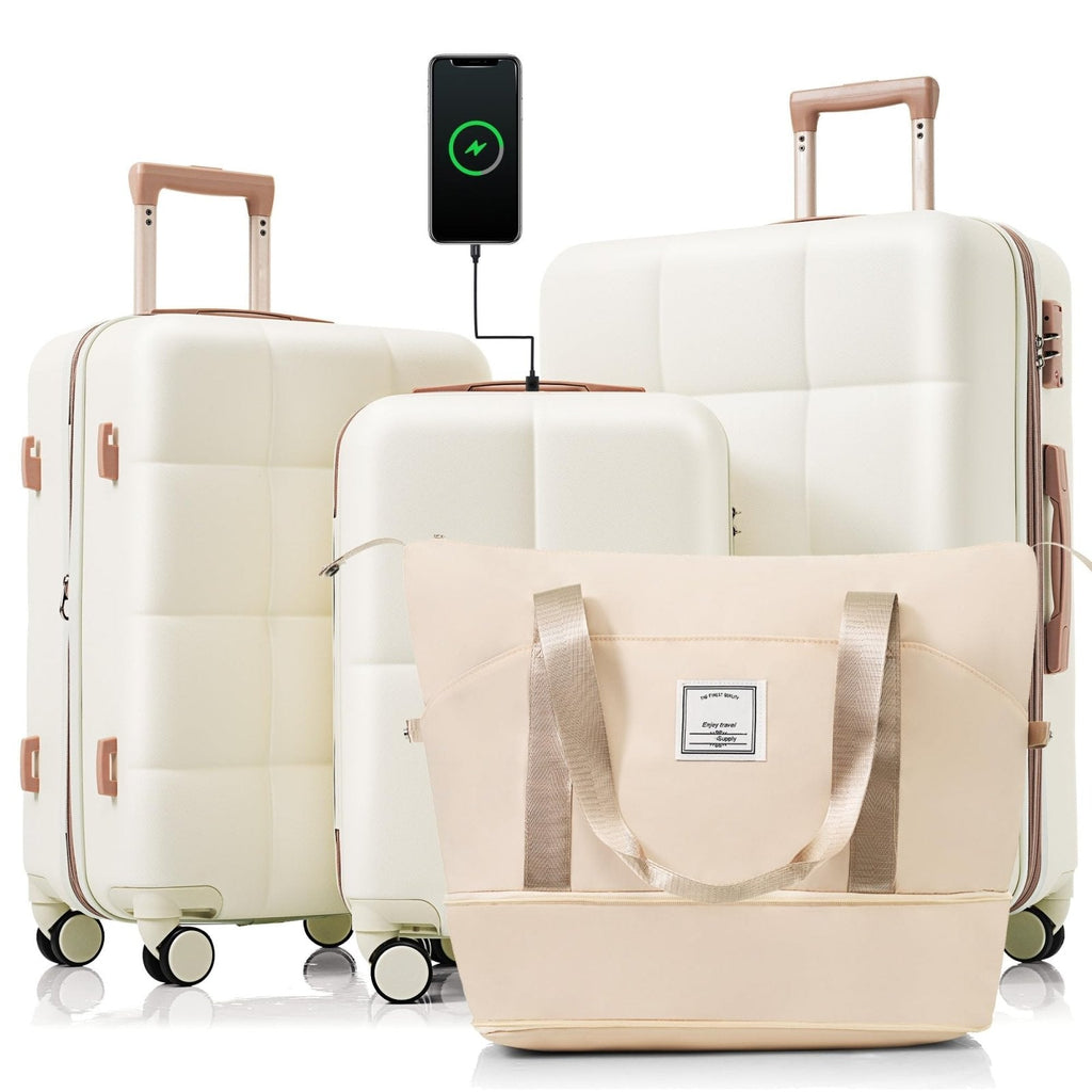 Merax 4 Piece Luggage Set, 20” with USB Port, Expandable ABS Durable Suitcase with Travel Bag, Cup Holder, ABS Hard Shell Luggage with Spinner Wheels, Beige+Gold
