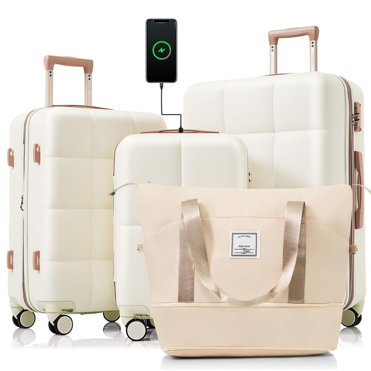 Merax 4 Piece Luggage Set, 20” with USB Port, Expandable ABS Durable Suitcase with Travel Bag, Cup Holder, ABS Hard Shell Luggage with Spinner Wheels, Beige+Gold
