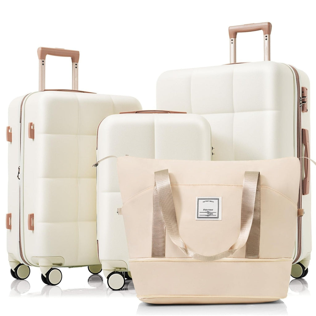 Merax 4 Piece Luggage Set, 20” with USB Port, Expandable ABS Durable Suitcase with Travel Bag, Cup Holder, ABS Hard Shell Luggage with Spinner Wheels, Beige+Gold
