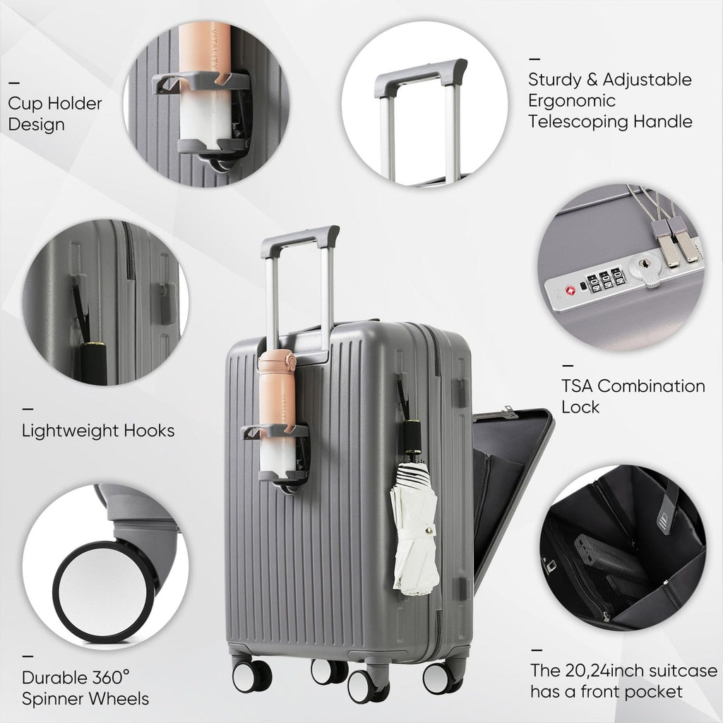 Merax 4 - Piece Luggage Set with USB Charging Ports Suitcase with TSA Lock Travel Duffel Bag Wet - Dry Toiletry Bag, grey blue+Bag