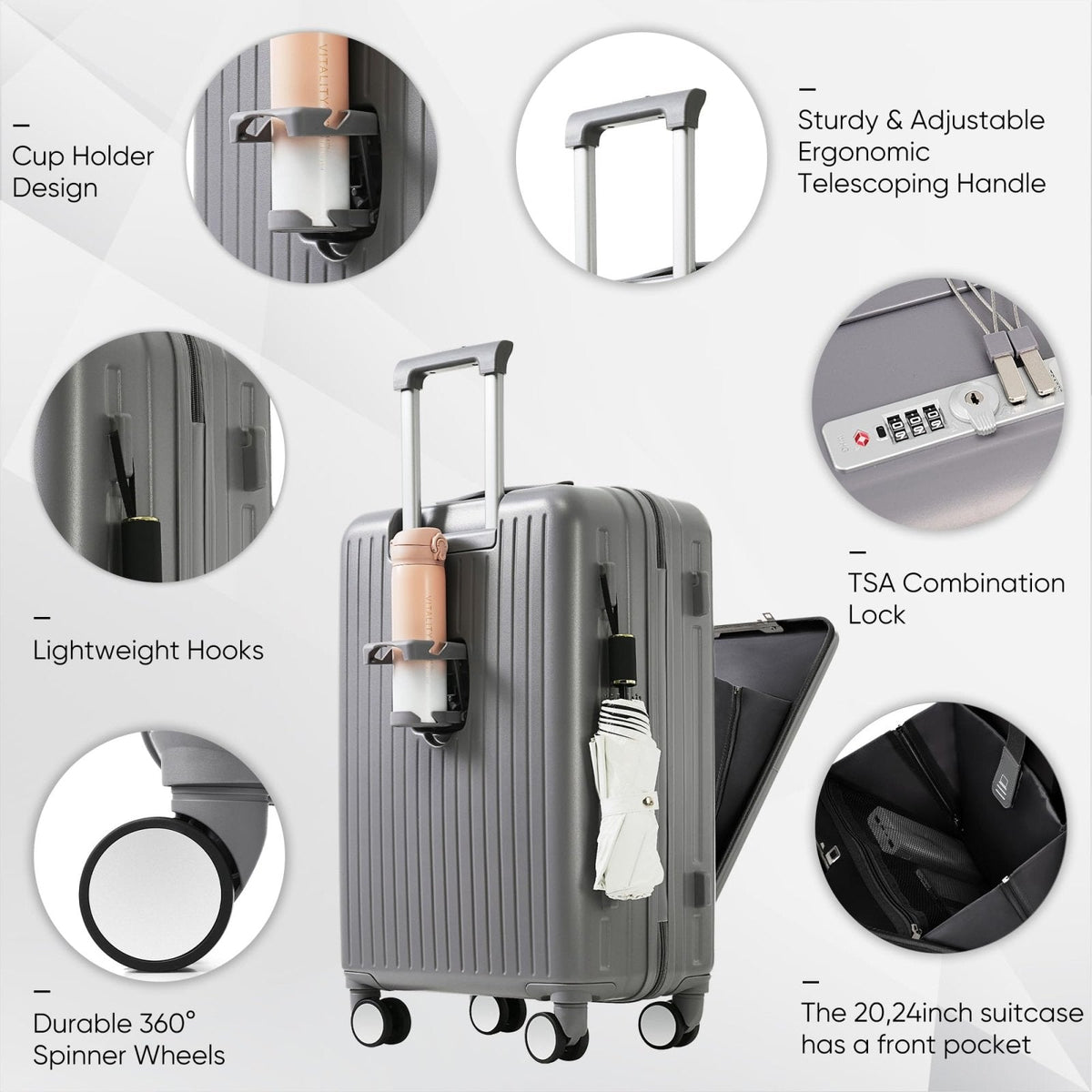 Merax 4 - Piece Luggage Set with USB Charging Ports Suitcase with TSA Lock Travel Duffel Bag Wet - Dry Toiletry Bag, grey blue+Bag