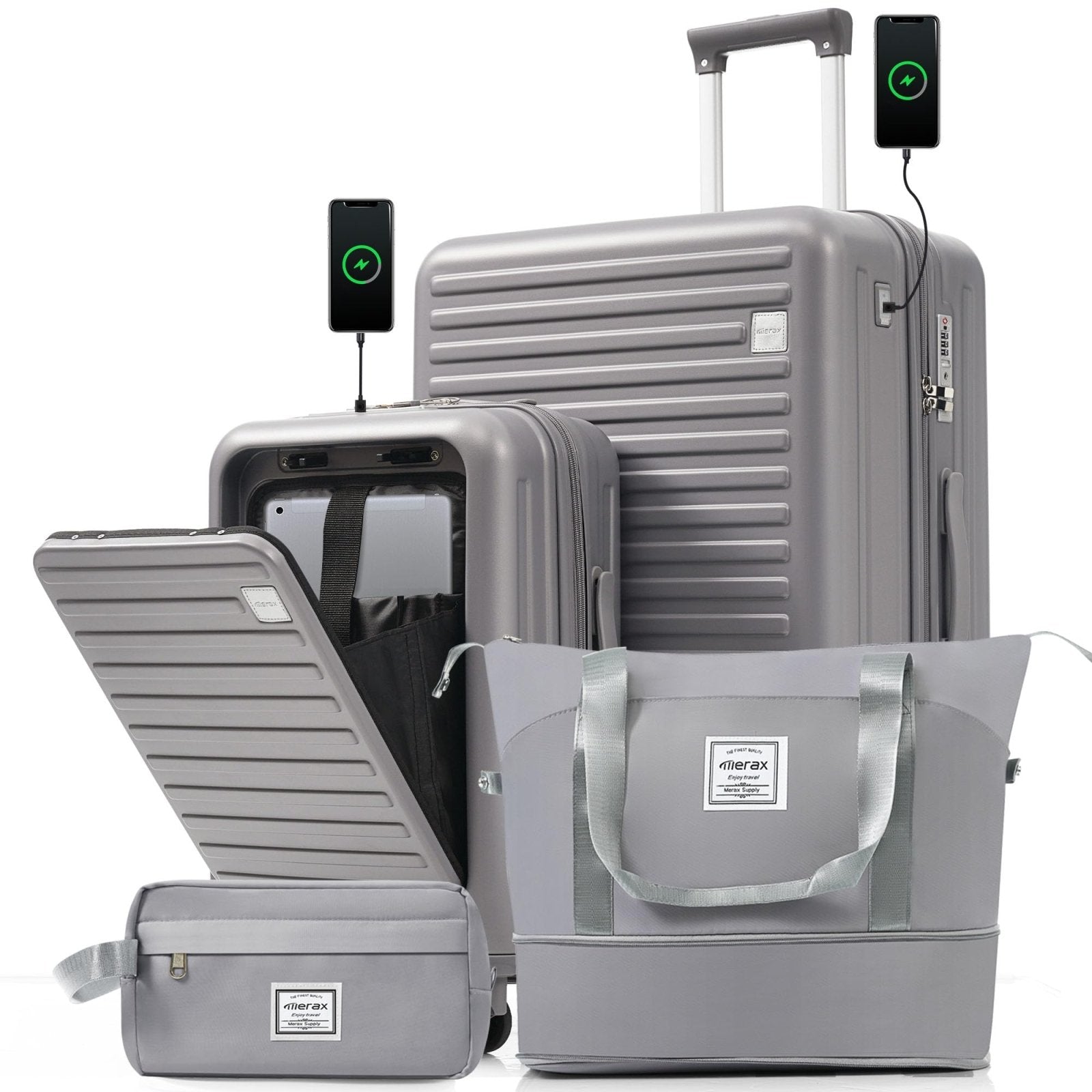 Merax 4-Piece Luggage Set with USB Charging Ports Suitcase with TSA Lock Travel Duffel Bag Wet-Dry Toiletry Bag, grey blue+Bag