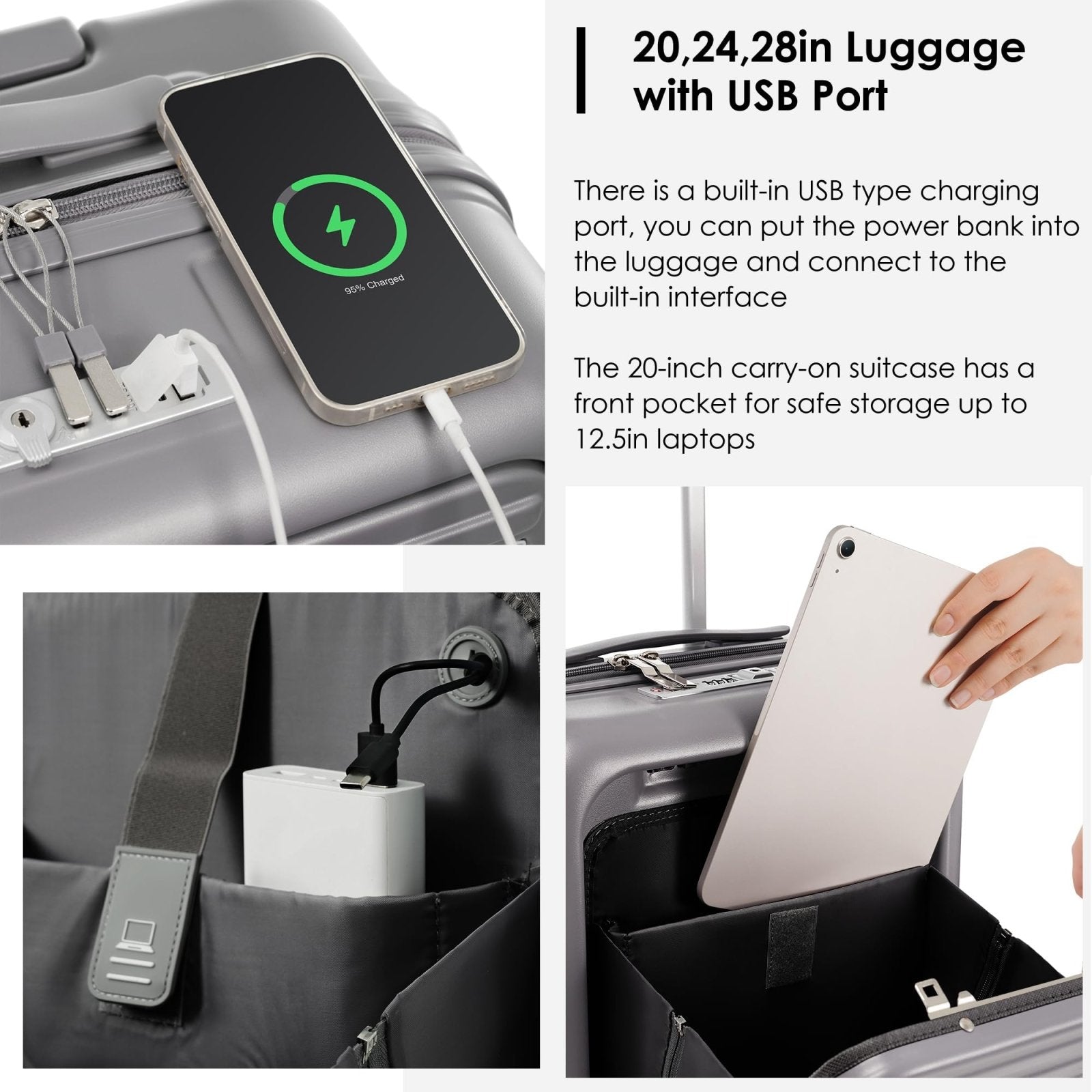 Merax 4 - Piece Luggage Set with USB Charging Ports Suitcase with TSA Lock Travel Duffel Bag Wet - Dry Toiletry Bag, grey blue+Bag