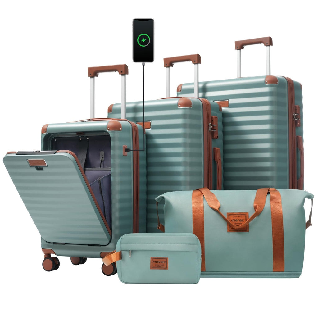 Merax 5 Piece Luggage Set Front Opening Expandable Hardside Carry On Suitcase with Double Spinner Wheels TSA Lock USB Port and Cup Holder,20" 24" 28"(Antique blue green)