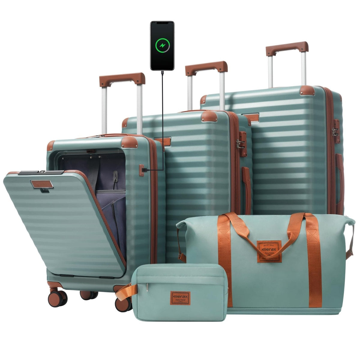 Merax 5 Piece Luggage Set Front Opening Expandable Hardside Carry On Suitcase with Double Spinner Wheels TSA Lock USB Port and Cup Holder,20" 24" 28"(Antique blue green)