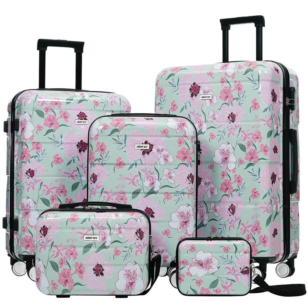 Merax 5 Piece Luggage Set Travel Suitcase, Lightweight Printed Hardshell Suitcases with Carry-On, Double Spinner Wheels and Lock, 8" 14" 20" 24" 28" (Green & Pink Flower)
