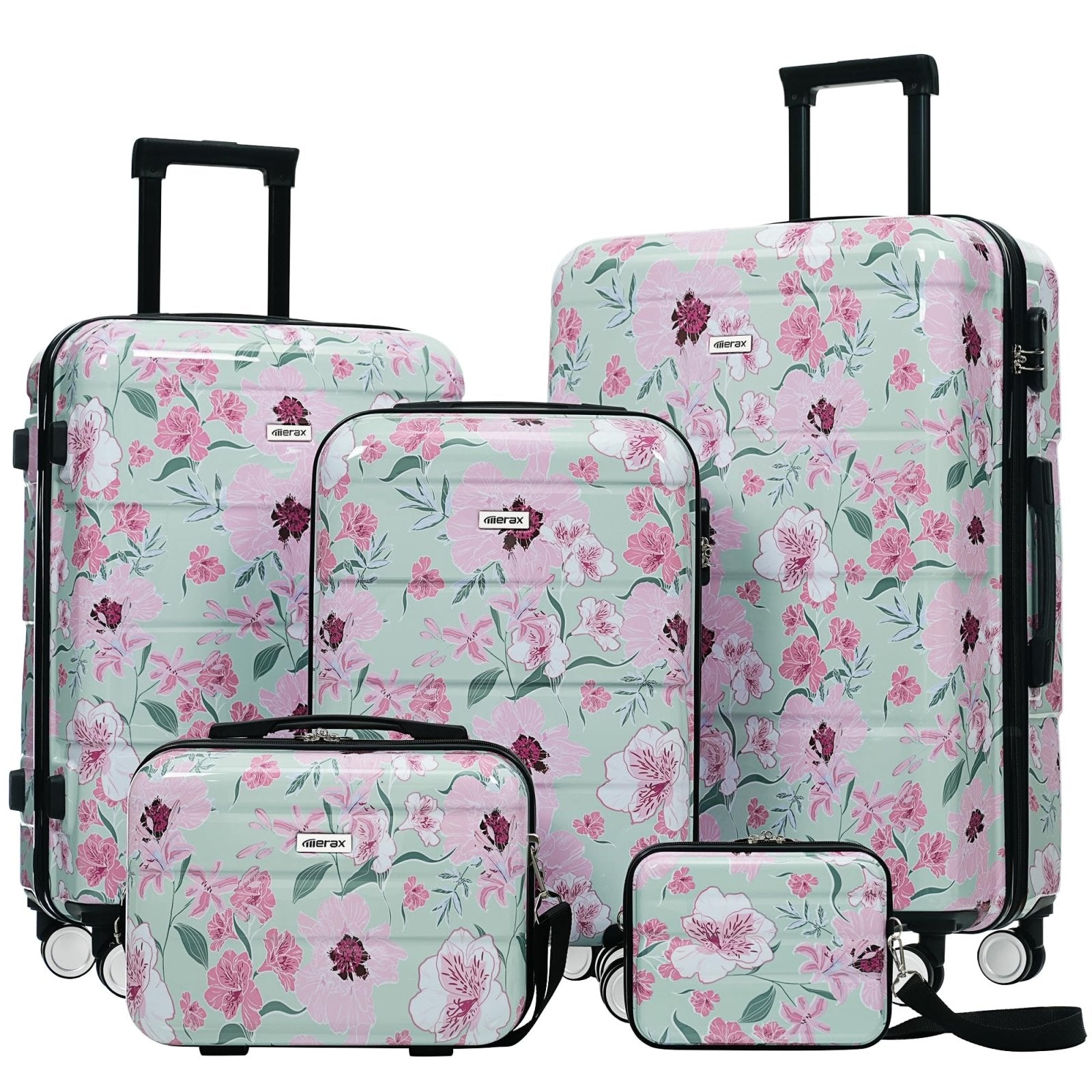 Merax 5 Piece Luggage Set Travel Suitcase, Lightweight Printed Hardshell Suitcases with Carry-On, Double Spinner Wheels and Lock, 8" 14" 20" 24" 28" (Green & Pink Flower)