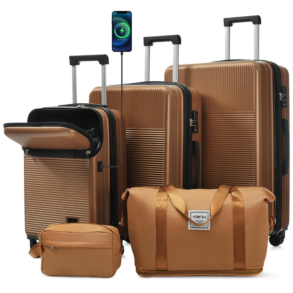 Merax 5 Piece Luggage Set with Half Opening Hardside Carry On Suitcase Set with Double Spinner Wheels Lightweight Travel Luggage with USB Port and TSA Lock(20/24/28,Brown)