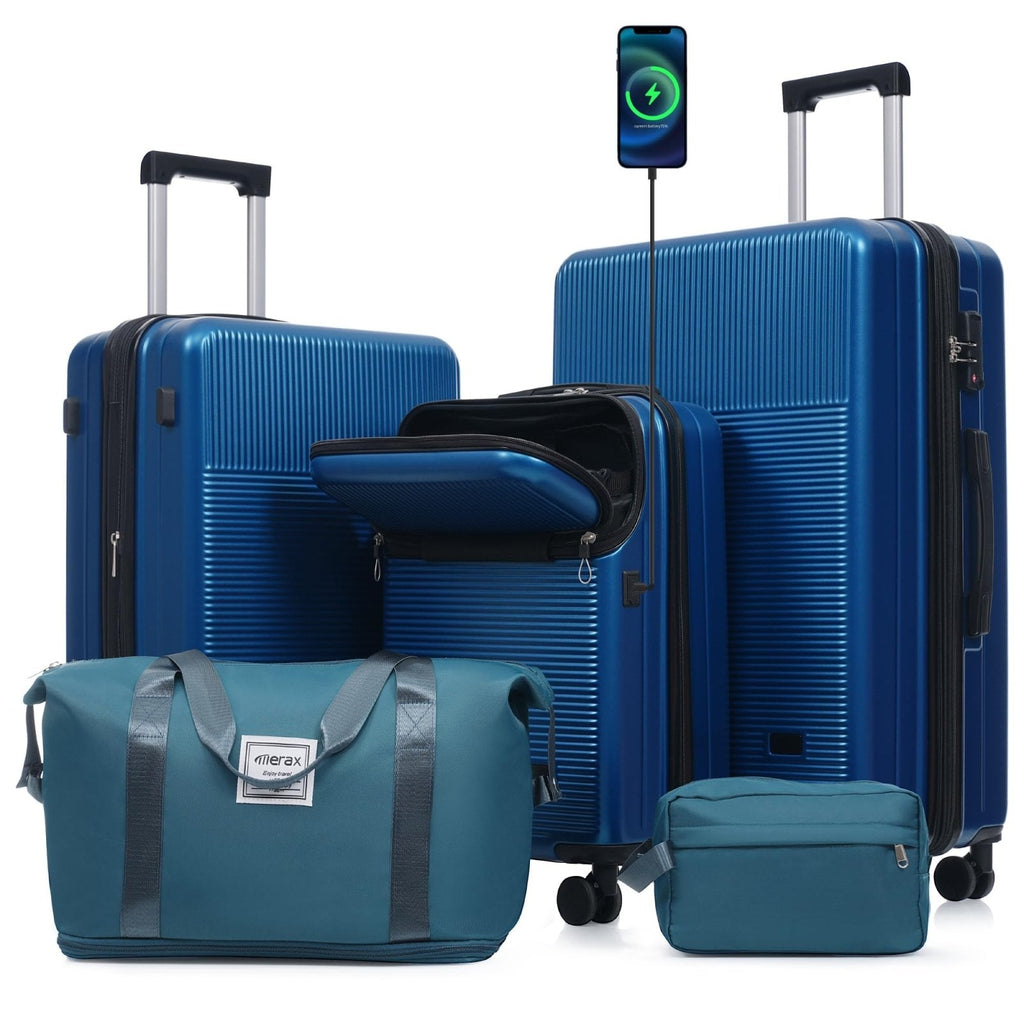 Merax 5 Piece Luggage Set with Half Opening Hardside Carry On Suitcase Set with Double Spinner Wheels Lightweight Travel Luggage with USB Port and TSA Lock(20/24/28,Blue)