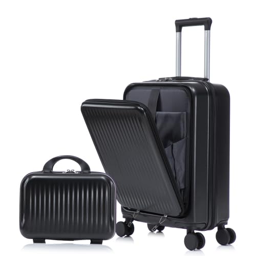 Merax Carry On Luggage,20 Inch Hardside Suitcase with 14 Inch Cosmetic Case, Front Opening Luggage Set with Spinner Wheels Lock,Airline Approved,Black