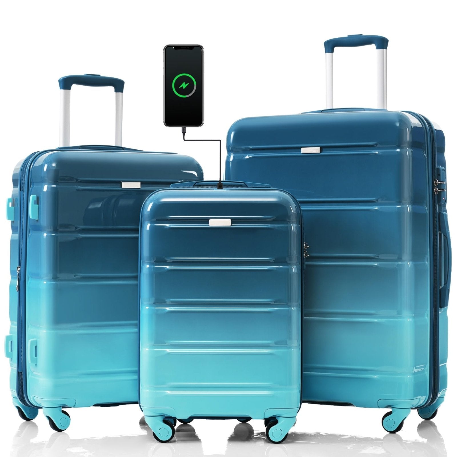 Merax Hard Shell Luggage Set 3 Piece Spinner Suitcase with Usb Airline Approved Carry On 20 Inch ABS+PC Suitcase Side Hook Luggage Lightweight Checked Baggage set, Gradient Aqua, 20"+ 24"+ 28"