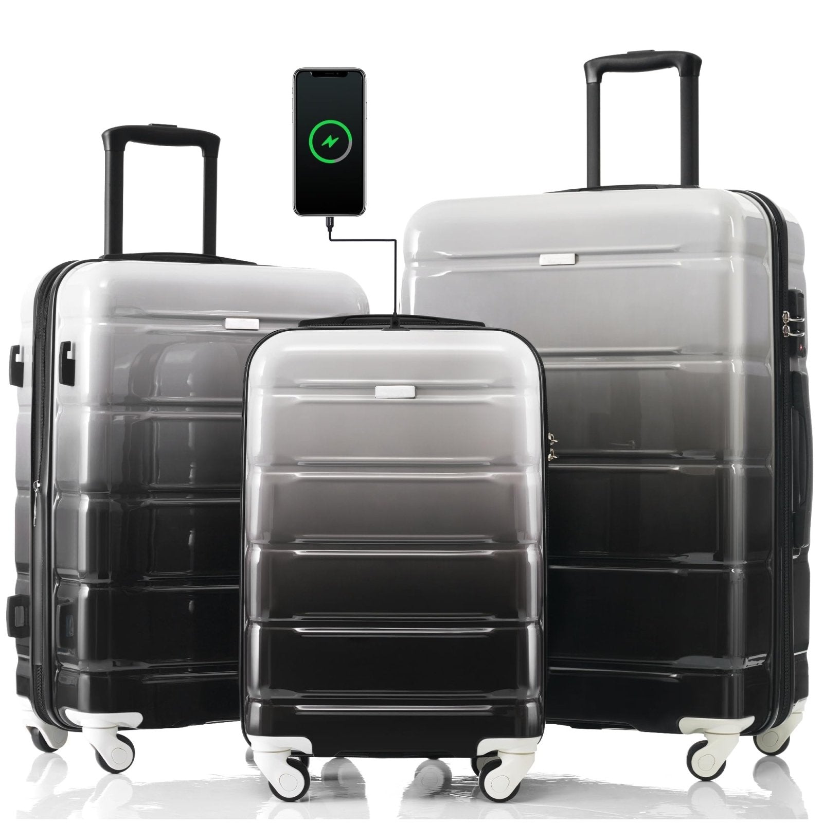 Merax Hard Shell Luggage Set 3 Piece Spinner Suitcase with Usb Airline Approved Carry On 20 Inch ABS+PC Suitcase Side Hook Luggage Lightweight Checked Baggage set,Black and Grey, 20"+ 24"+ 28"