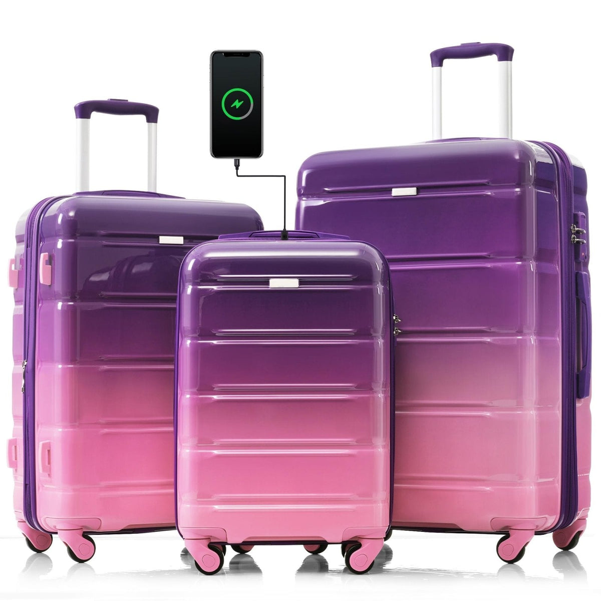 Merax Hard Shell Luggage Set 3 Piece Spinner Suitcase with Usb Airline Approved Carry On 20 Inch ABS+PC Suitcase Side Hook Luggage Lightweight Checked Baggage set, Purple and Pink, 20"+ 24"+ 28"