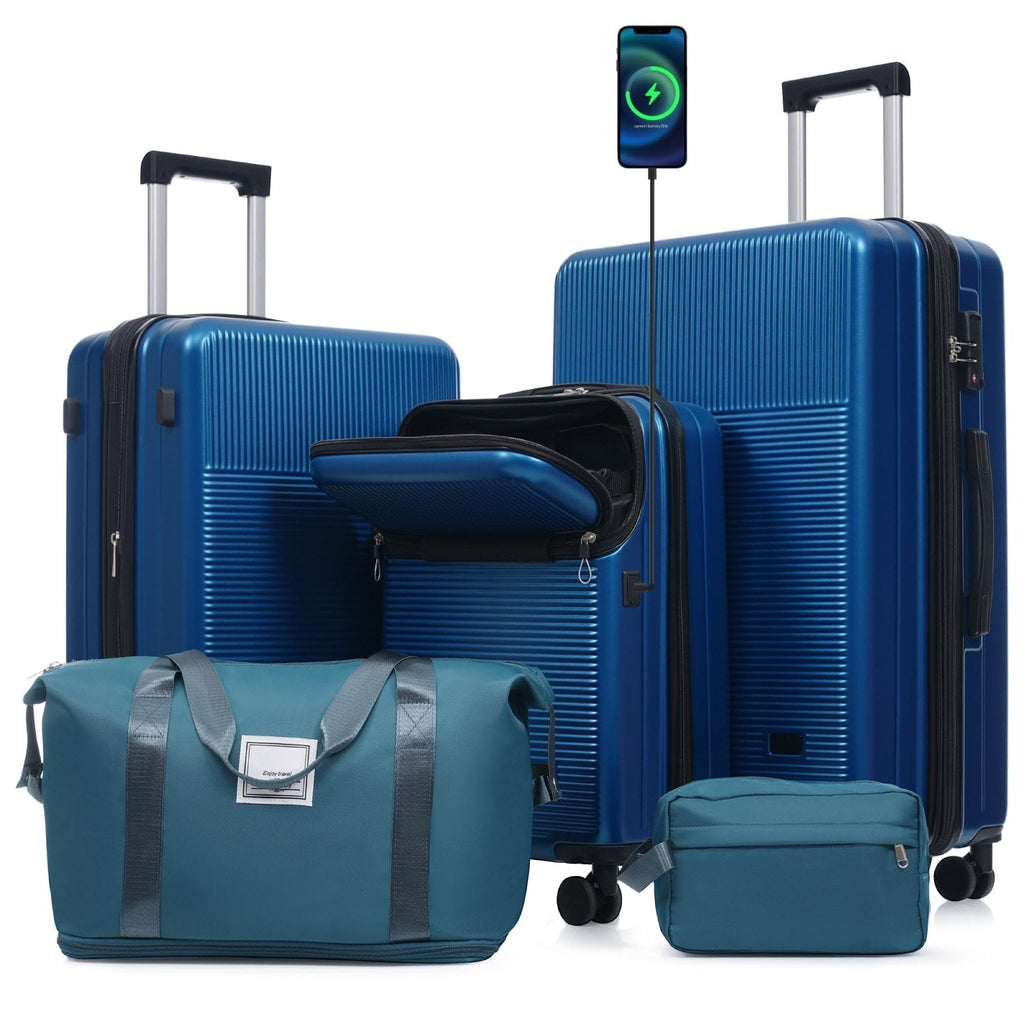 Merax Hardshell Luggage Set - 5 Piece Set - 20" Carry-On, 24” & 28” Checked Luggage Set with 360° Spinner Wheels,Expandable Suitcases for Extended Travel,Durable ABS Shell, Blue