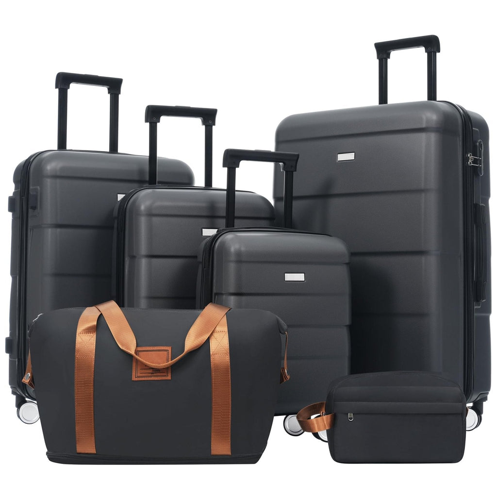 Merax Hardshell Luggage Sets 6 Piece with 2 Bags,Carry on Suitcase with Handle Password Lock Double Spinner Wheels, Lightweight 16"+20"+24"+28" Luggages, Black