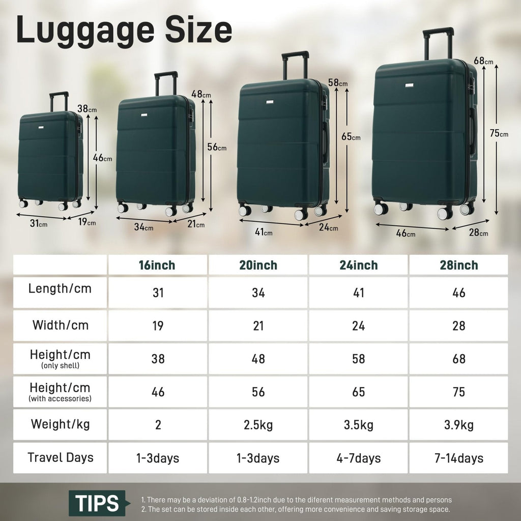 Merax Hardshell Luggage Sets 6 Piece with 2 Bags,Carry on Suitcase with Handle Password Lock Double Spinner Wheels, Lightweight 16"+20"+24"+28" Luggages, Dark Green