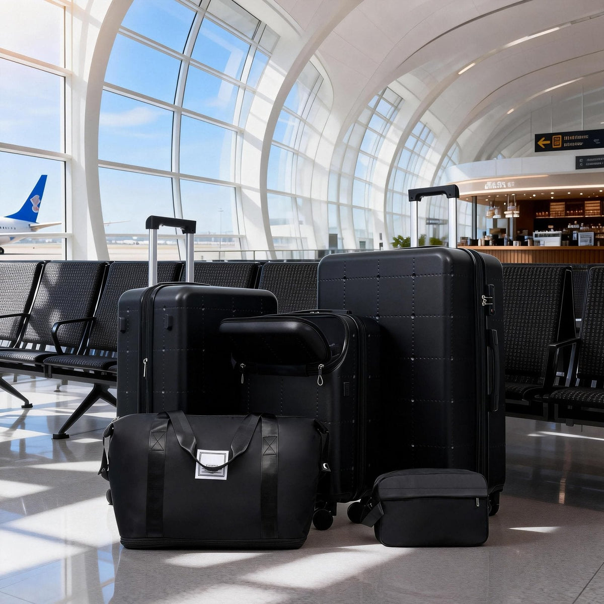 Merax Hardside Luggage Set 5 Piece with Bags,20IN Half - opening Carry on Luggage with USB Port, Expandable 24IN 28IN Luggage with Double Spinner Wheels TSA Lock, Black