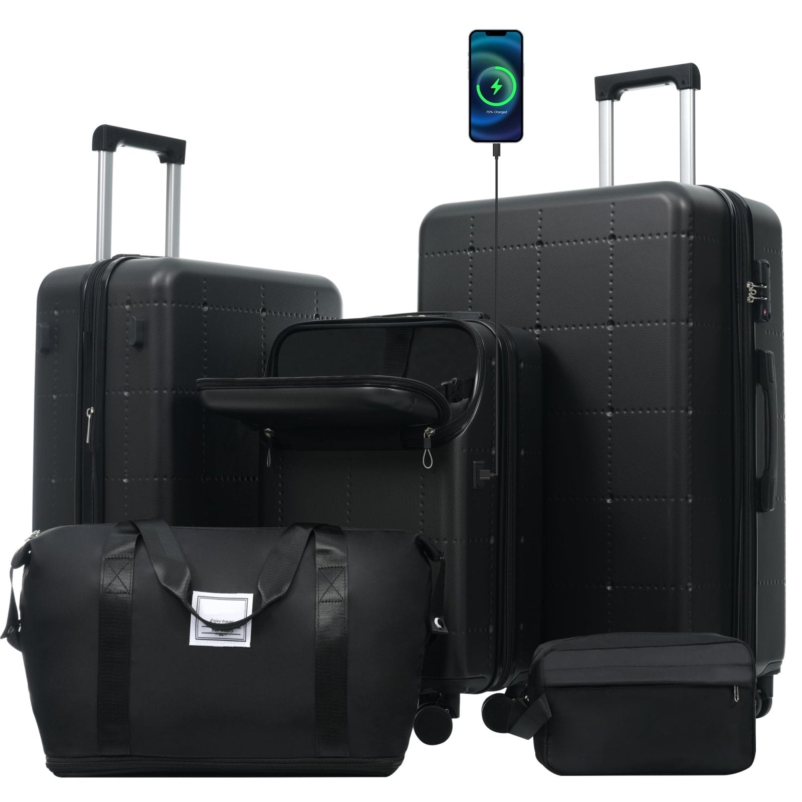 Merax Hardside Luggage Set 5 Piece with Bags,20IN Half-opening Carry on Luggage with USB Port, Expandable 24IN 28IN Luggage with Double Spinner Wheels TSA Lock, Black