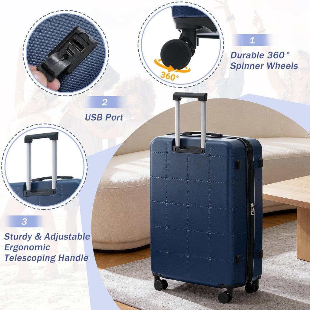 Merax Hardside Luggage Set 5 Piece with Bags,20IN Half - opening Carry on Luggage with USB Port, Expandable 24IN 28IN Luggage with Double Spinner Wheels TSA Lock, Dark Blue