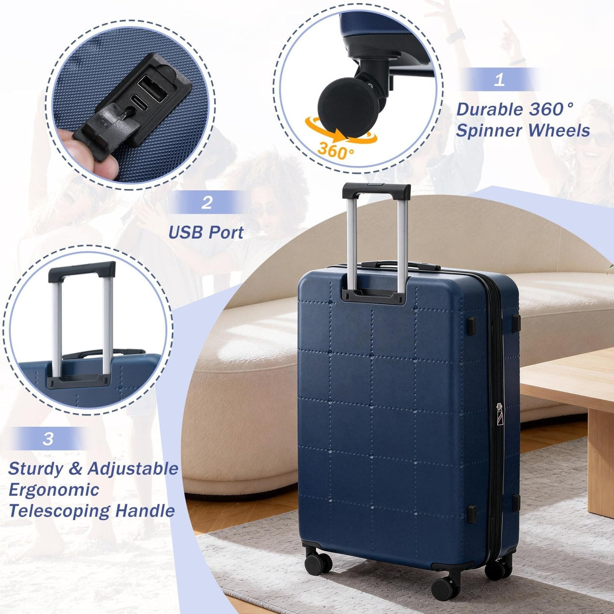 Merax Hardside Luggage Set 5 Piece with Bags,20IN Half - opening Carry on Luggage with USB Port, Expandable 24IN 28IN Luggage with Double Spinner Wheels TSA Lock, Dark Blue