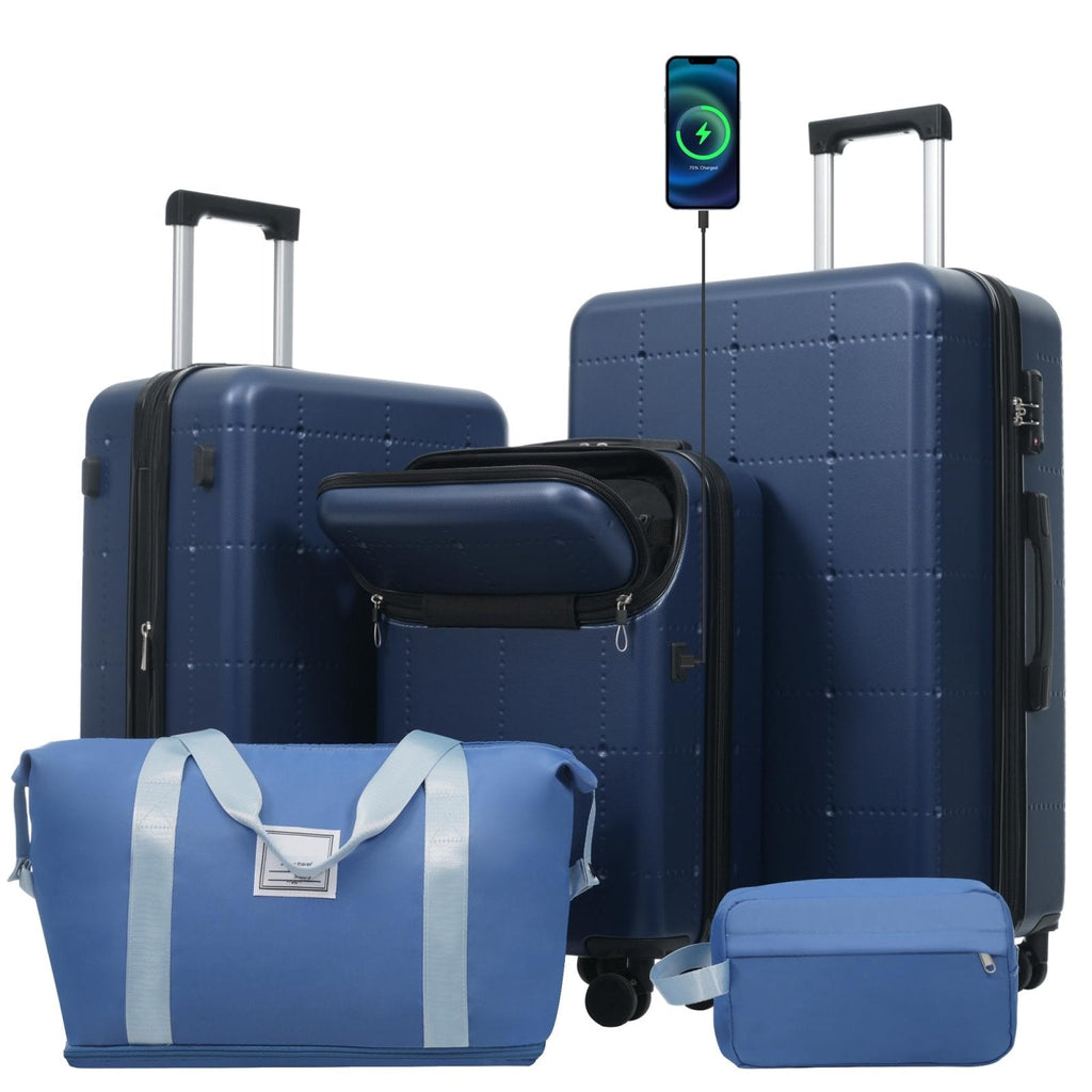 Merax Hardside Luggage Set 5 Piece with Bags,20IN Half-opening Carry on Luggage with USB Port, Expandable 24IN 28IN Luggage with Double Spinner Wheels TSA Lock, Dark Blue
