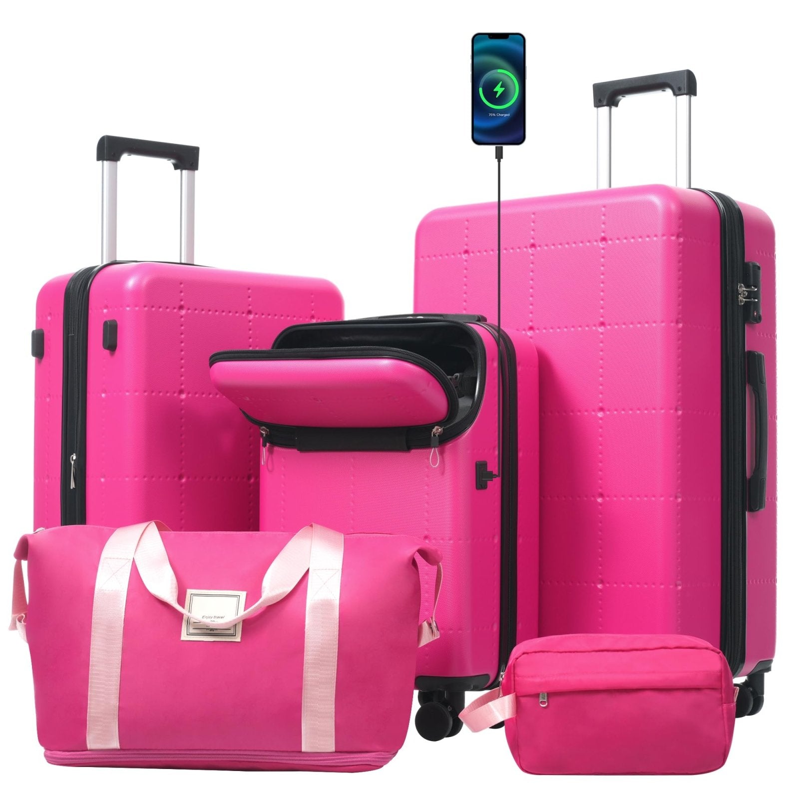 Merax Hardside Luggage Set 5 Piece with Bags,20IN Half-opening Carry on Luggage with USB Port, Expandable 24IN 28IN Luggage with Double Spinner Wheels TSA Lock, Hot Pink