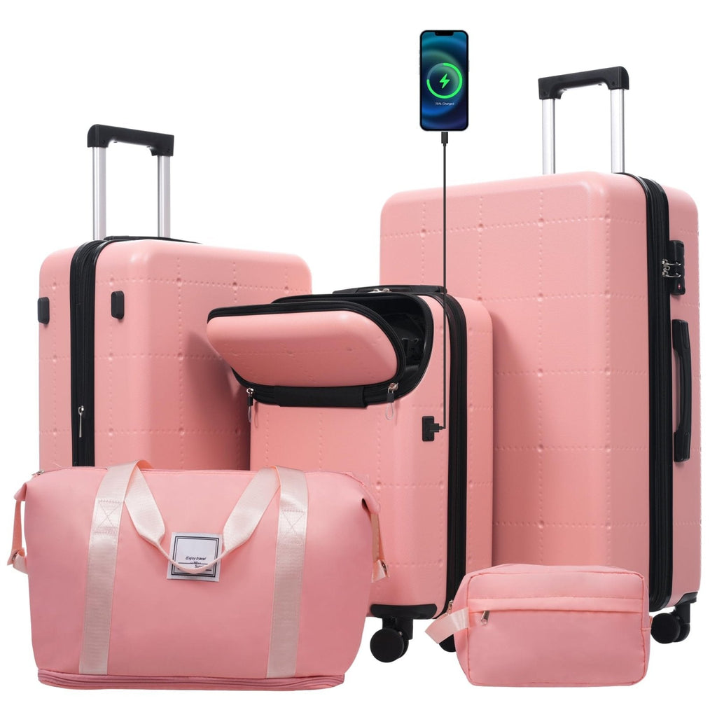 Merax Hardside Luggage Set 5 Piece with Bags,20IN Half-opening Carry on Luggage with USB Port, Expandable 24IN 28IN Luggage with Double Spinner Wheels TSA Lock, Rose Pink