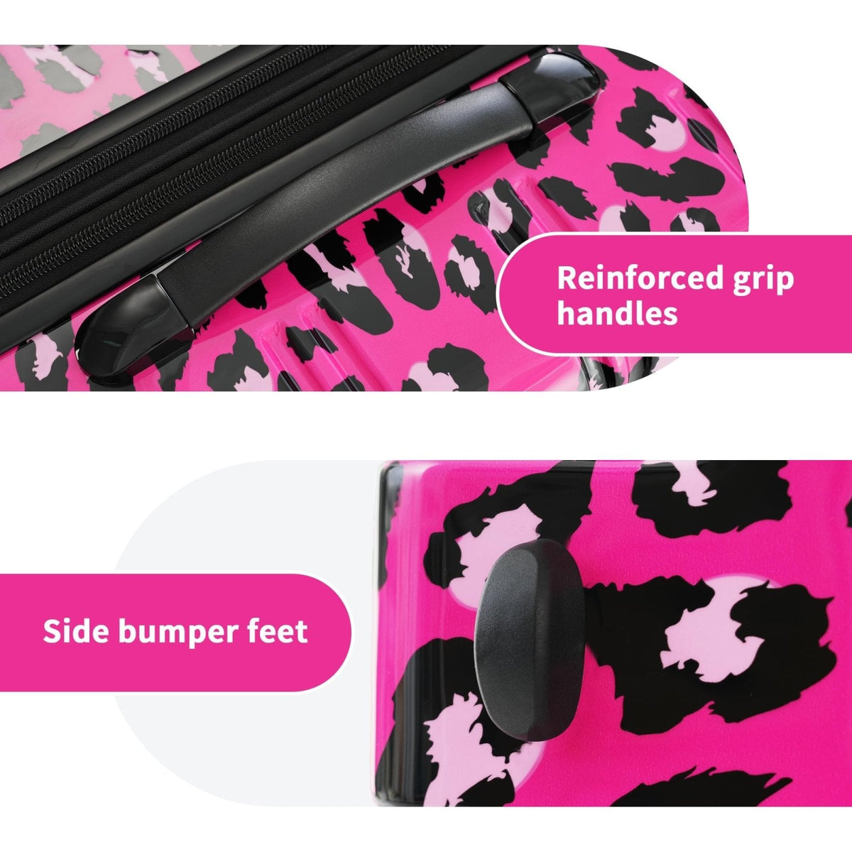 Merax Leopard Print Luggage Sets, 3 Piece Durable Suitcase Set with Spinner Wheels,Large Checked Travel Suitcases and Carry On Travel Luggage, 100% PC, TSA Lock,Hot Pink(20in/24in/28in)