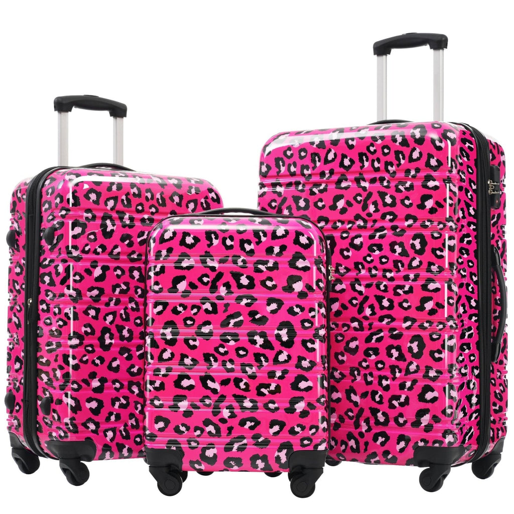 Merax Leopard Print Luggage Sets, 3 Piece Durable Suitcase Set with Spinner Wheels,Large Checked Travel Suitcases and Carry On Travel Luggage, 100% PC, TSA Lock,Hot Pink(20in/24in/28in)